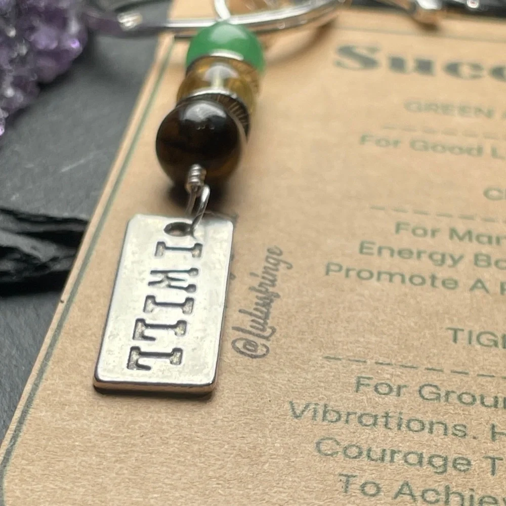 Success Crystal Guide Card And Green Aventurine Citrine And Tigers Eye Keychain